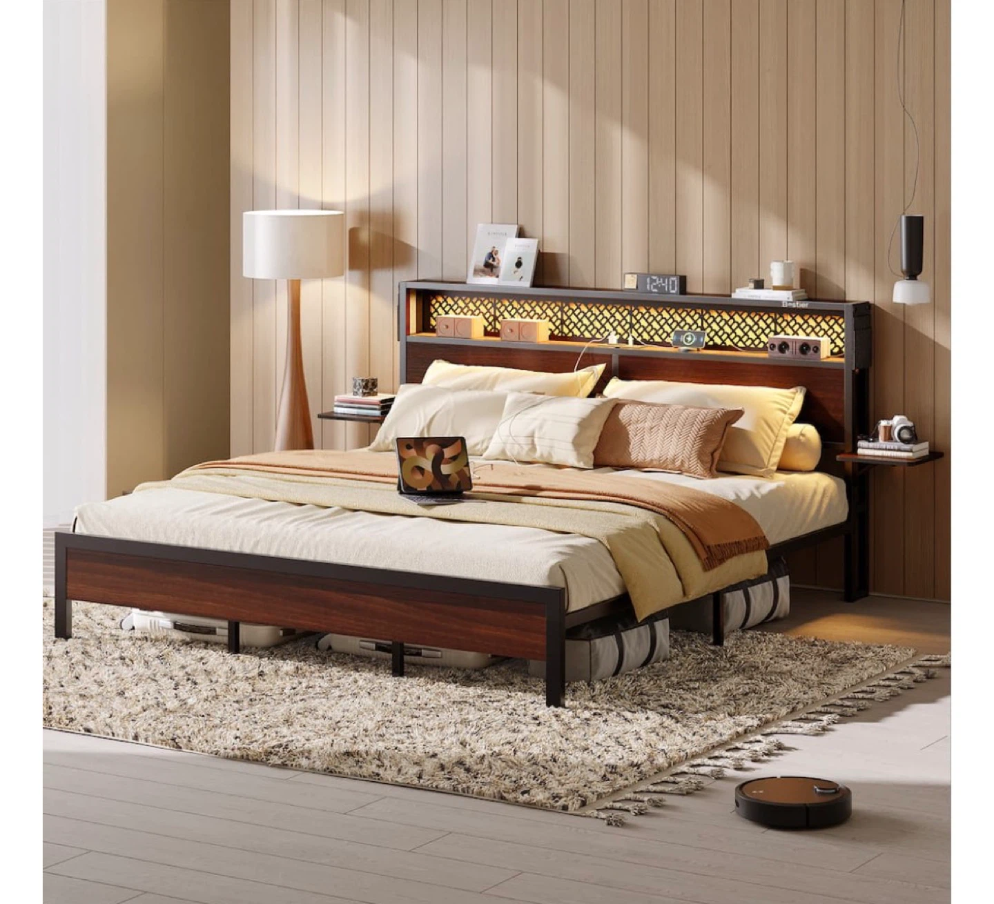 Bestier Bed Frame with Headboard, LED Lighting & Shelves