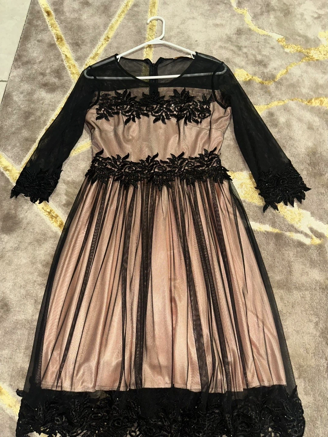 Black and blush formal dress with lace detail