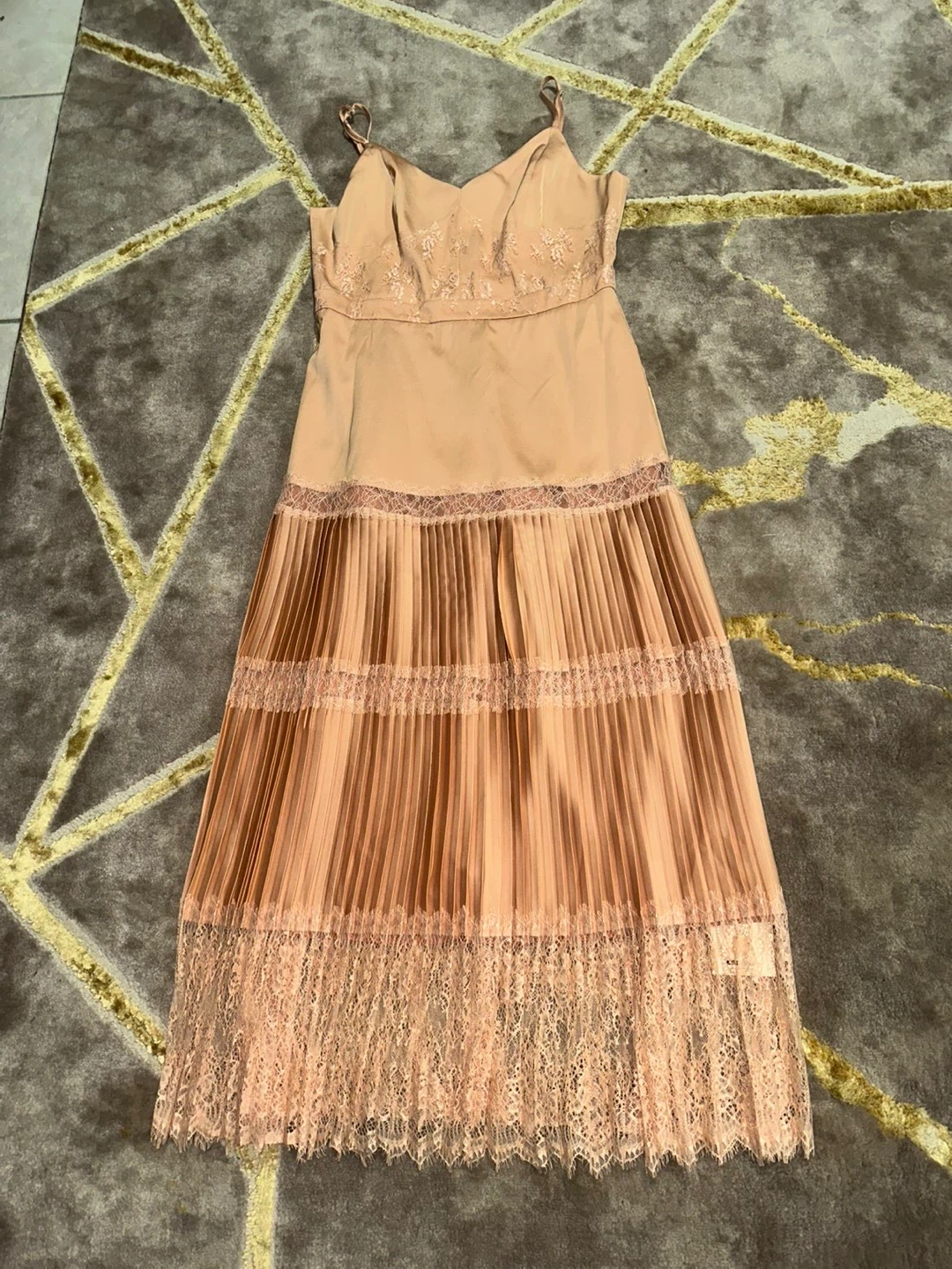 Peach Pleated Midi Dress with Lace Trim