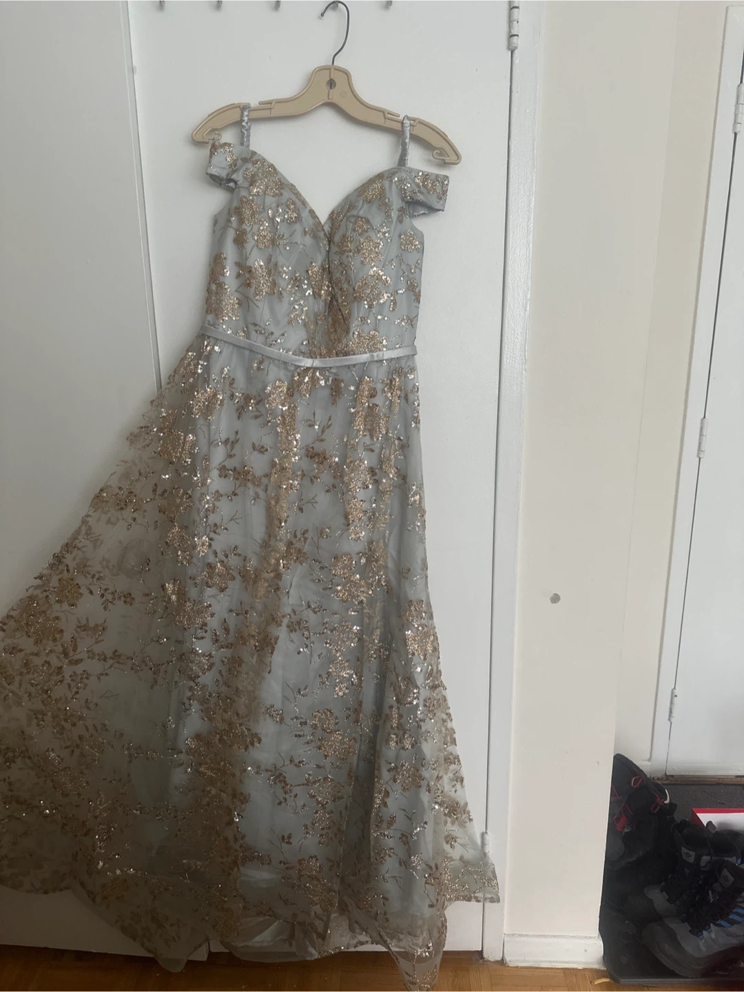 Women's Grey Sequined Off-Shoulder Formal Gown