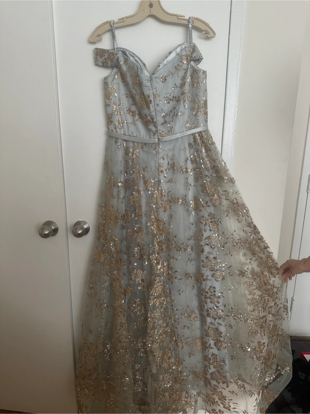 Women's Grey Sequined Off-Shoulder Formal Gown - photo 3