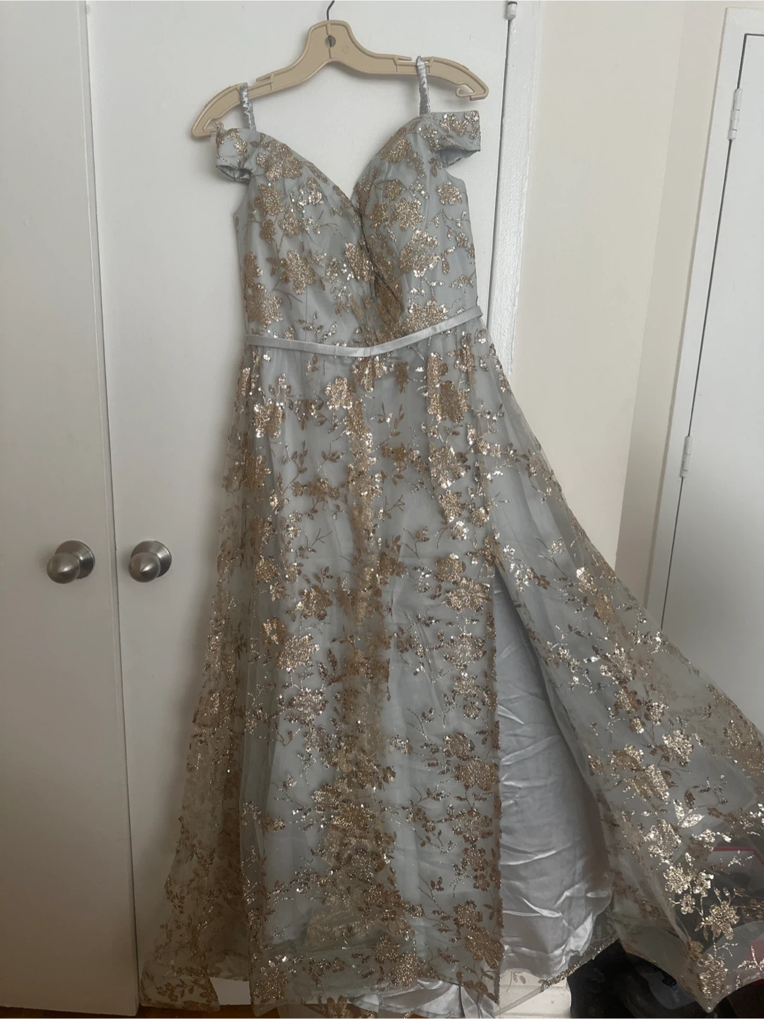 Women's Grey Sequined Off-Shoulder Formal Gown - photo 2