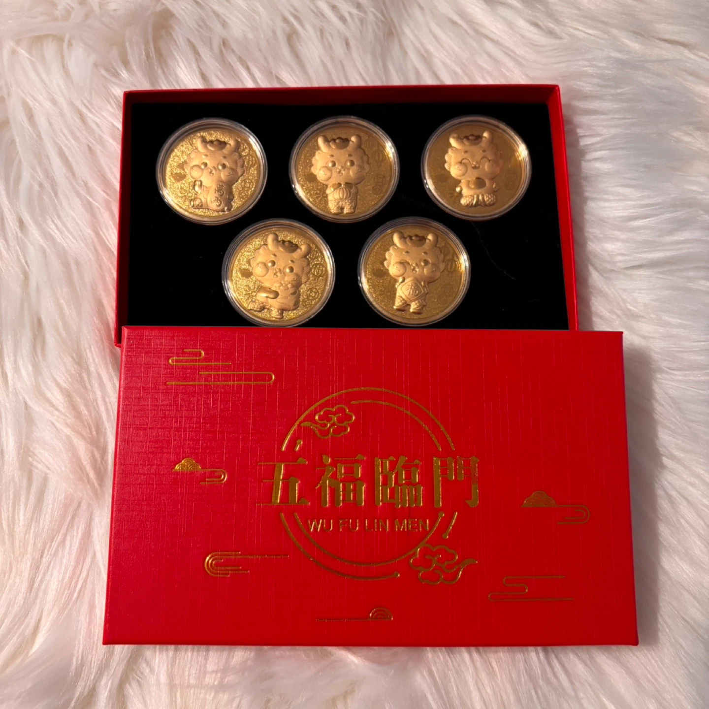 Set of 5 Collectible Gold Coins with Dragon Cartoon Characters