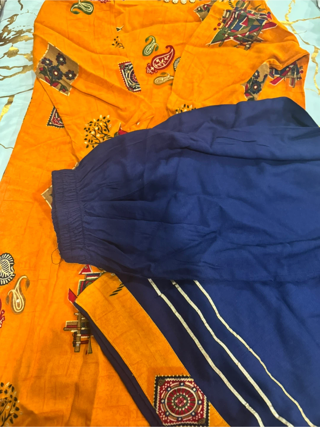 Orange Kurti with Blue Pants Set