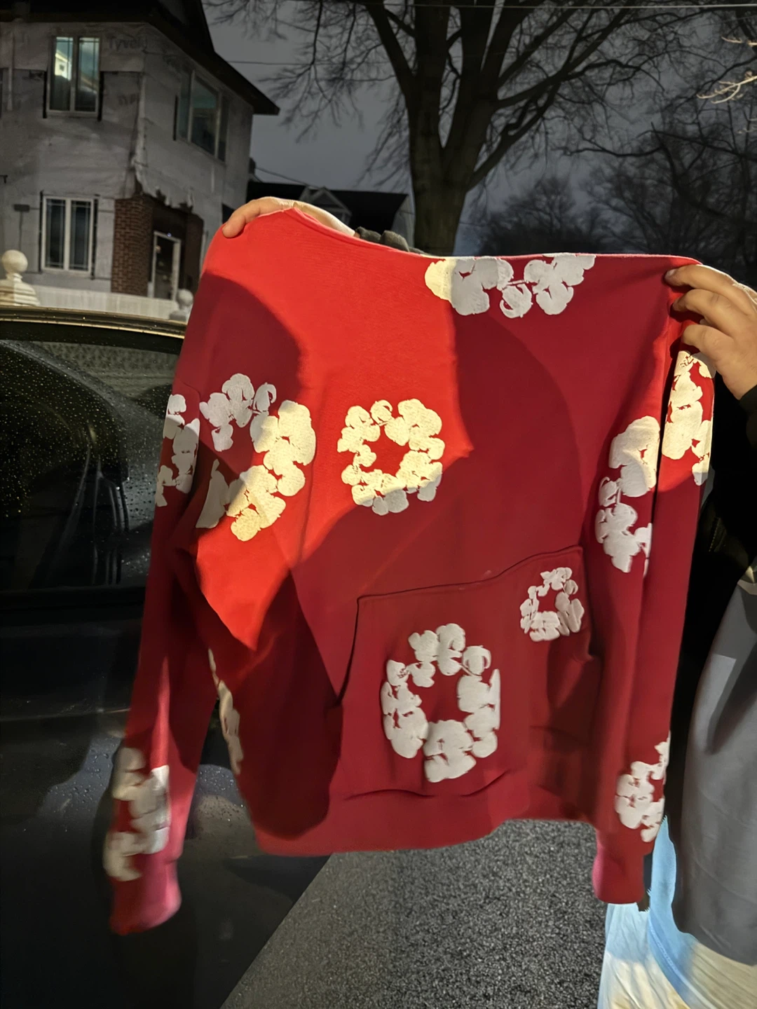 Red long sleeve hoodie with white floral print