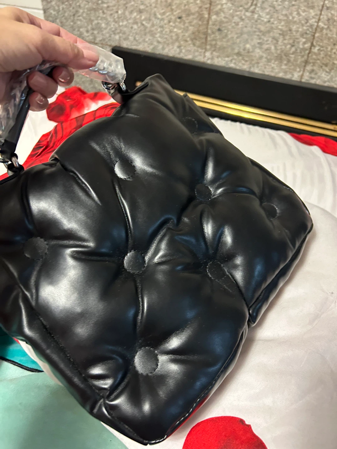 Black Puffer Handbag with Silver Hardware