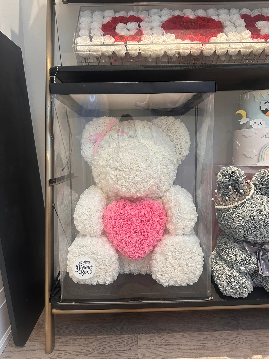XL White Rose Teddy Bear with Pink Heart