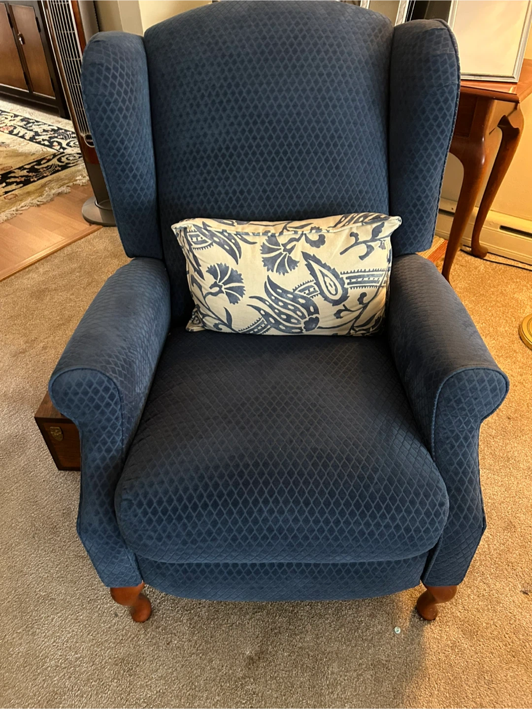 Blue Recliner Armchair with Decorative Pillow