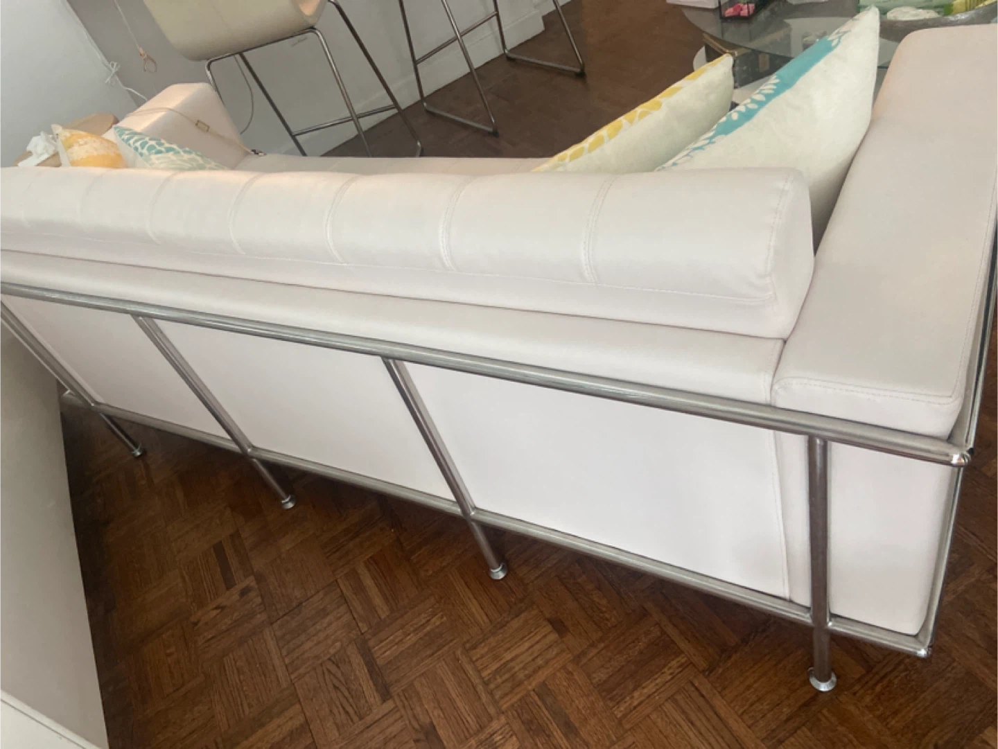 White Leather Sofa with Chrome Frame