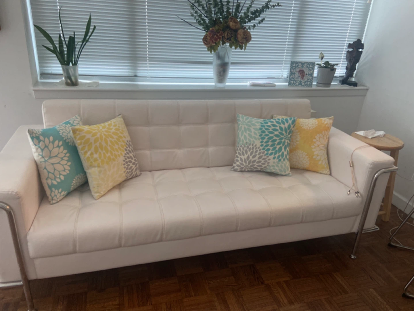 White Leather Sofa with Chrome Frame - photo 2