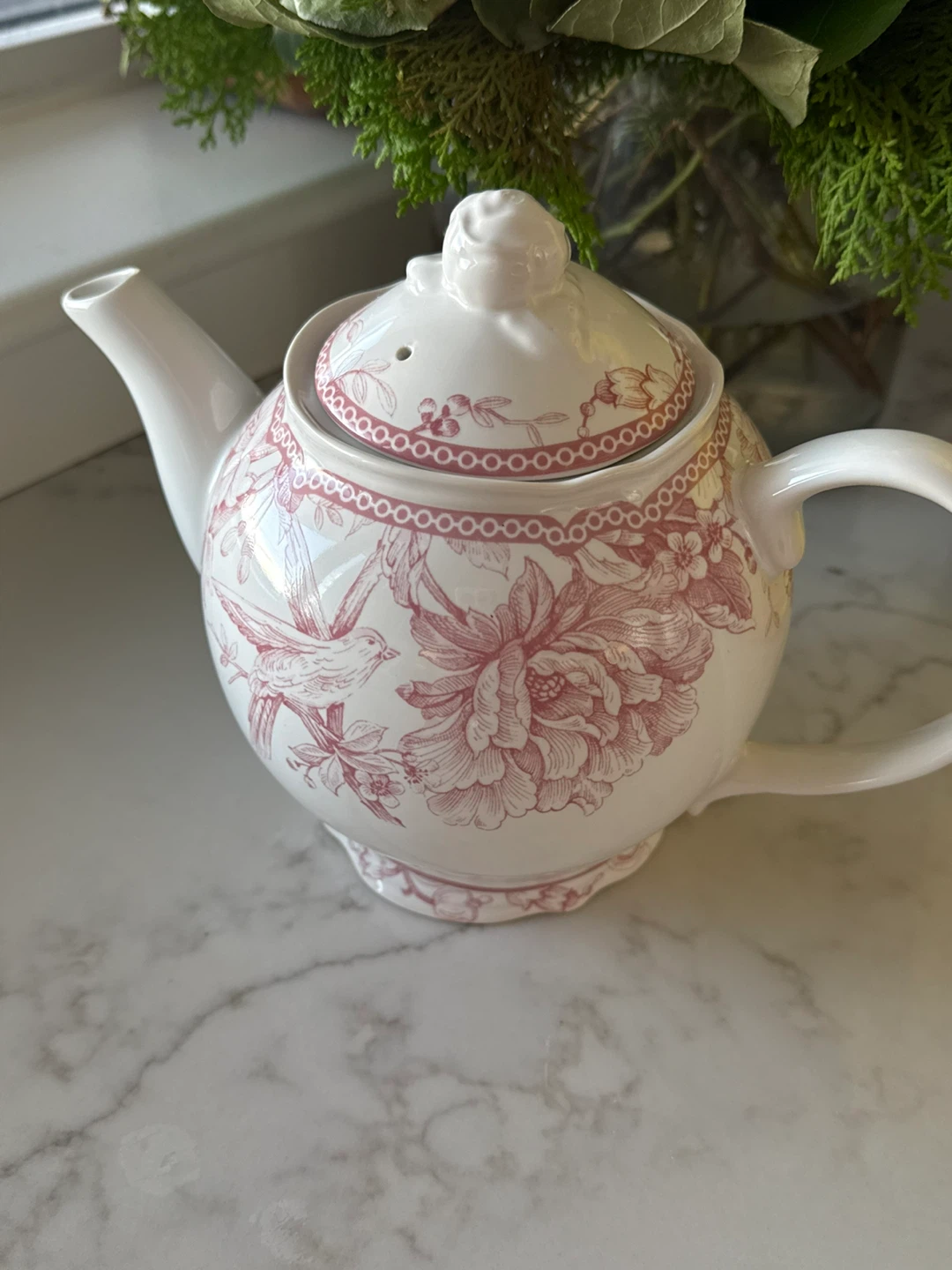 White Teapot with Pink Floral Bird Design - photo 2