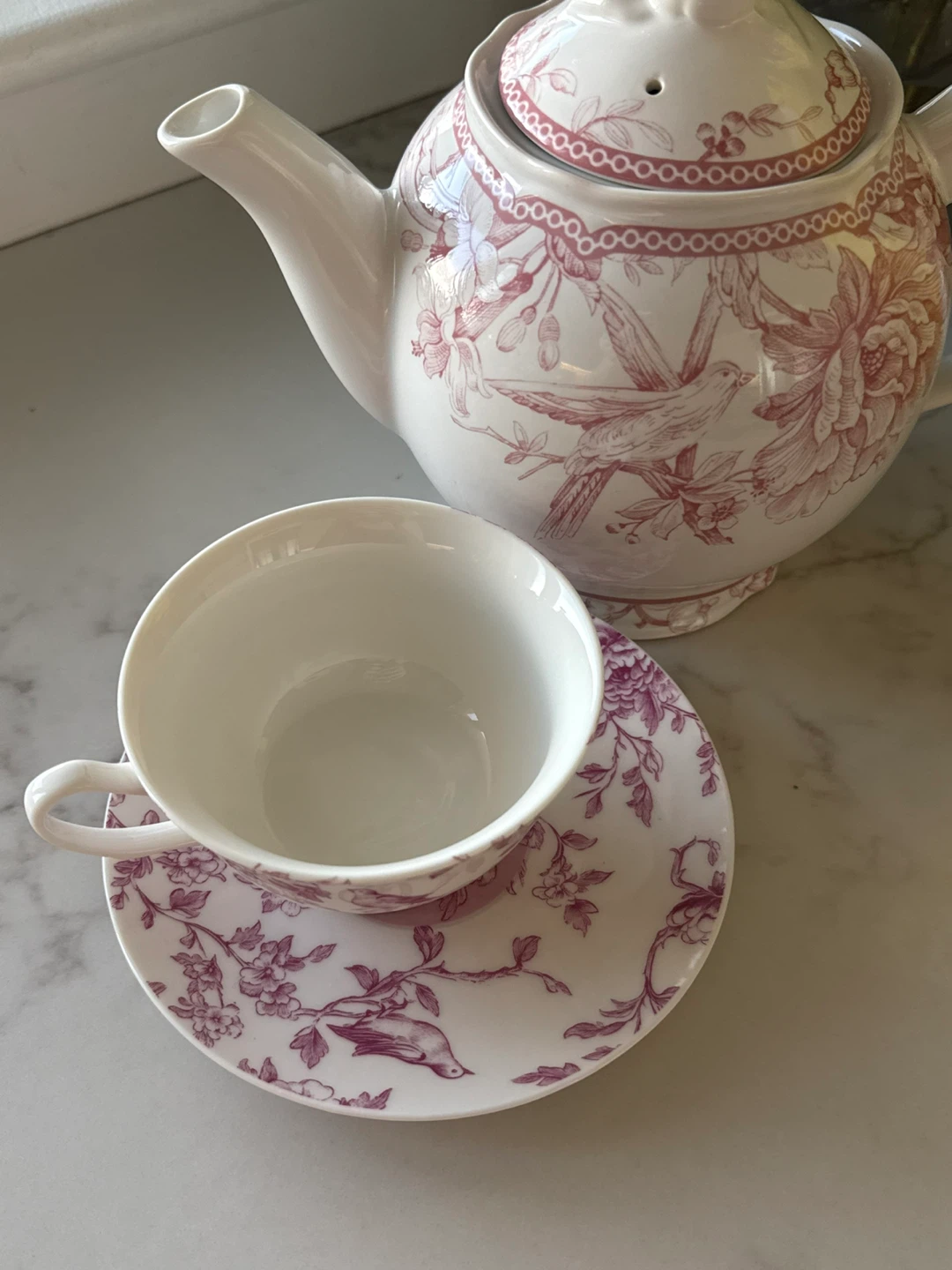 White Teapot with Pink Floral Bird Design