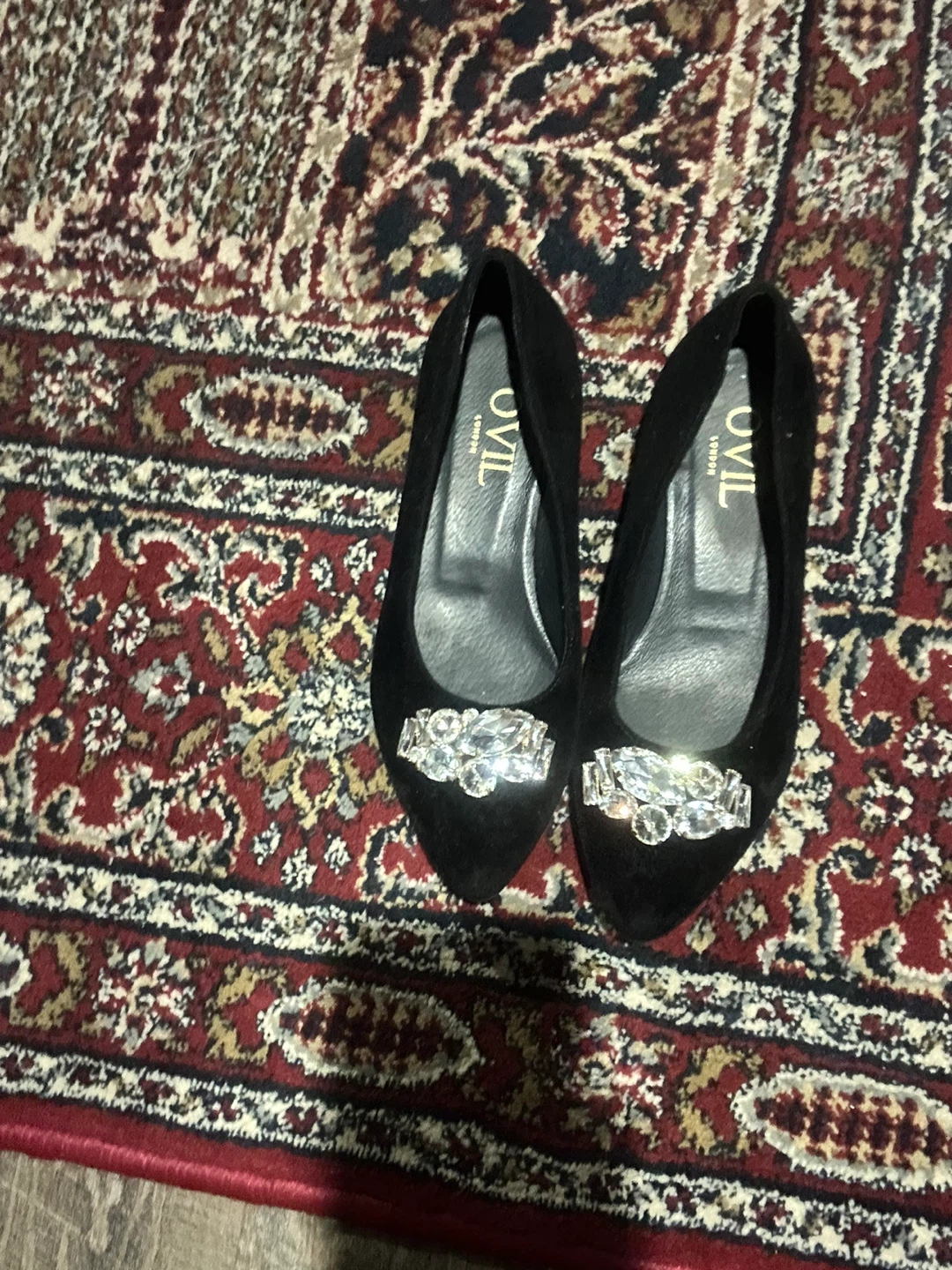 OVIL LONDON Black Suede Embellished Heels - Size 36