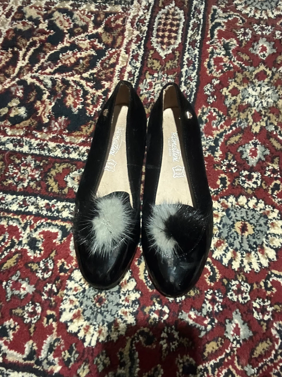 Black Flats with Fur Pom Poms