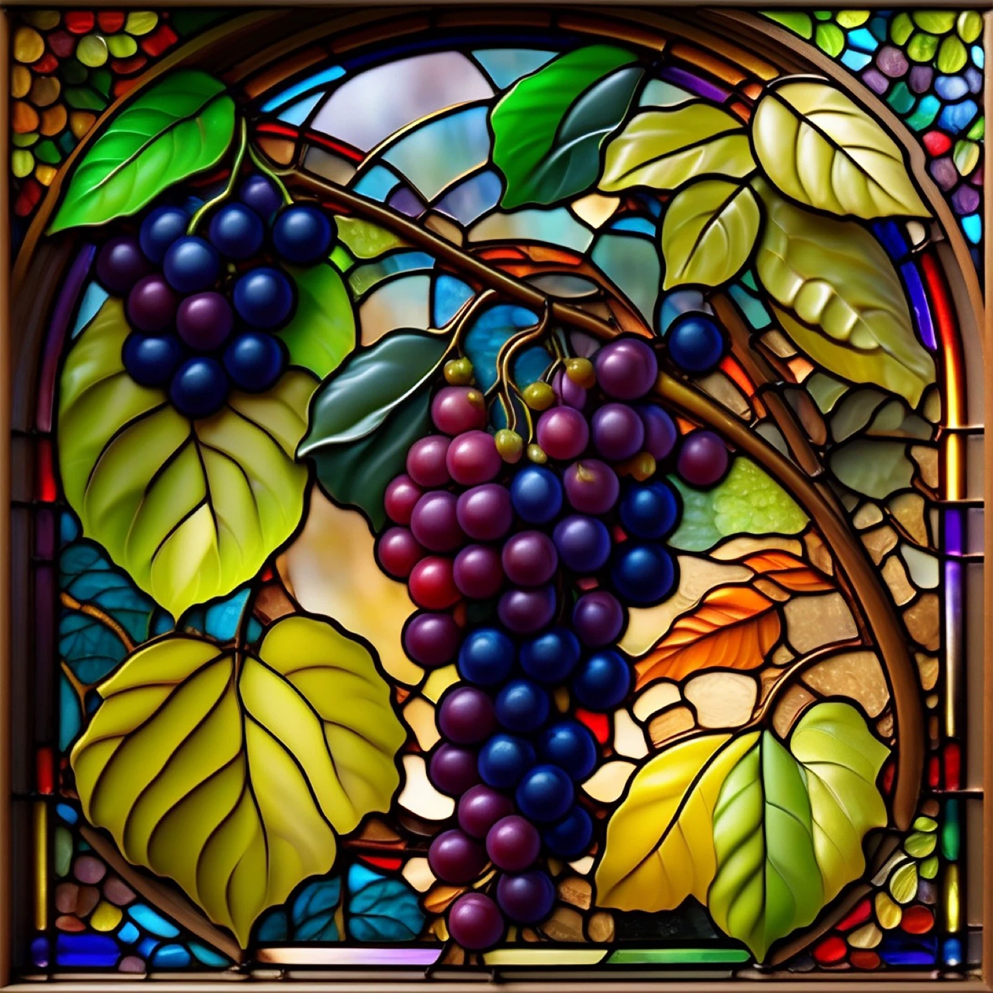Stained Glass Window Panel - Grapes & Leaves Design