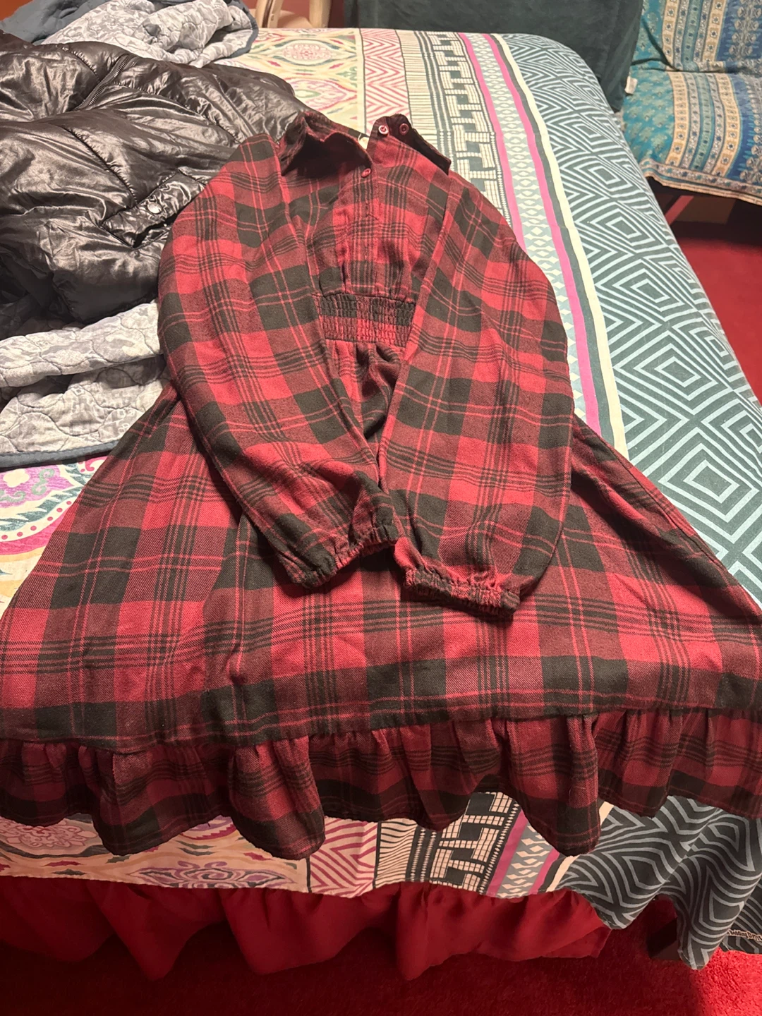 Juniors' Red and Black Plaid Flannel Dress