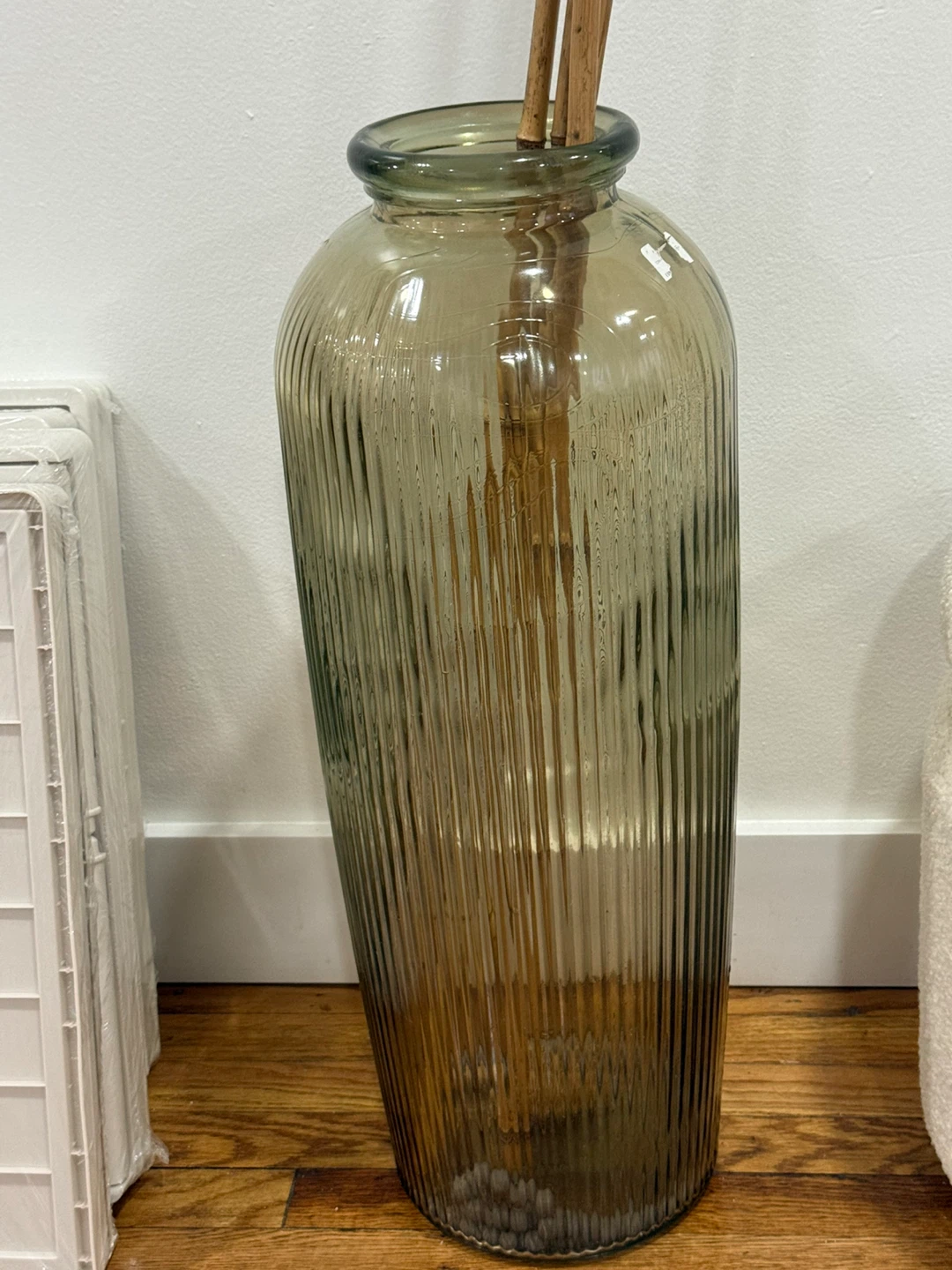 Large Ribbed Glass Vase with Bamboo Stems