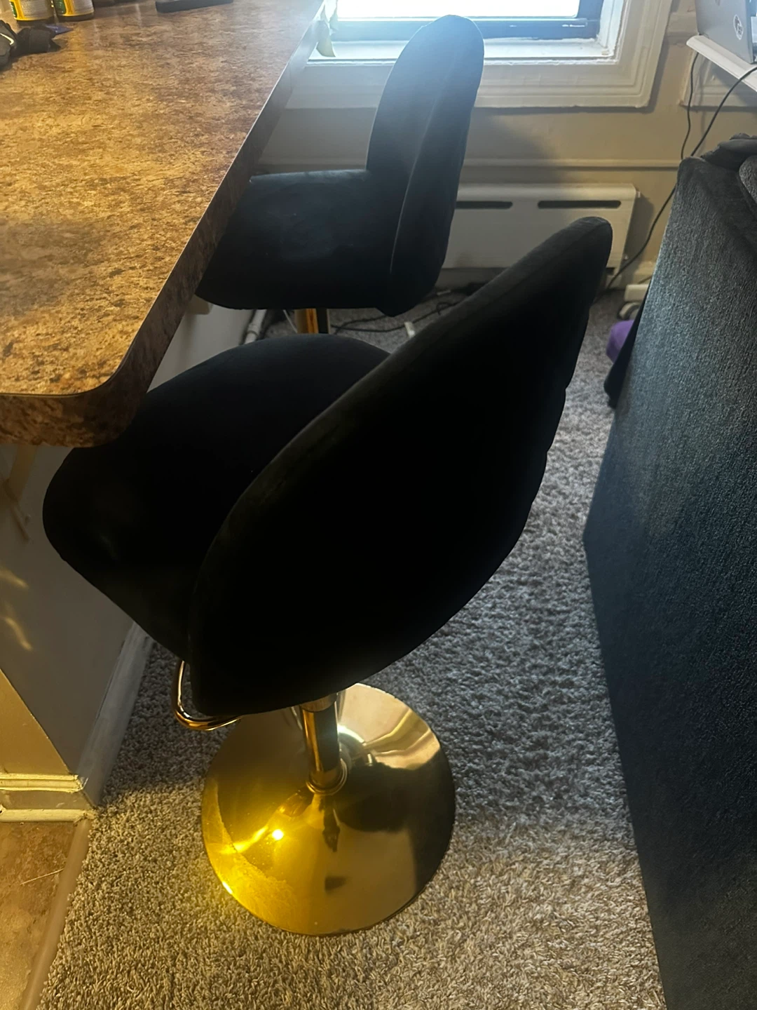 Black Velvet Swivel Bar Stool with Gold Base