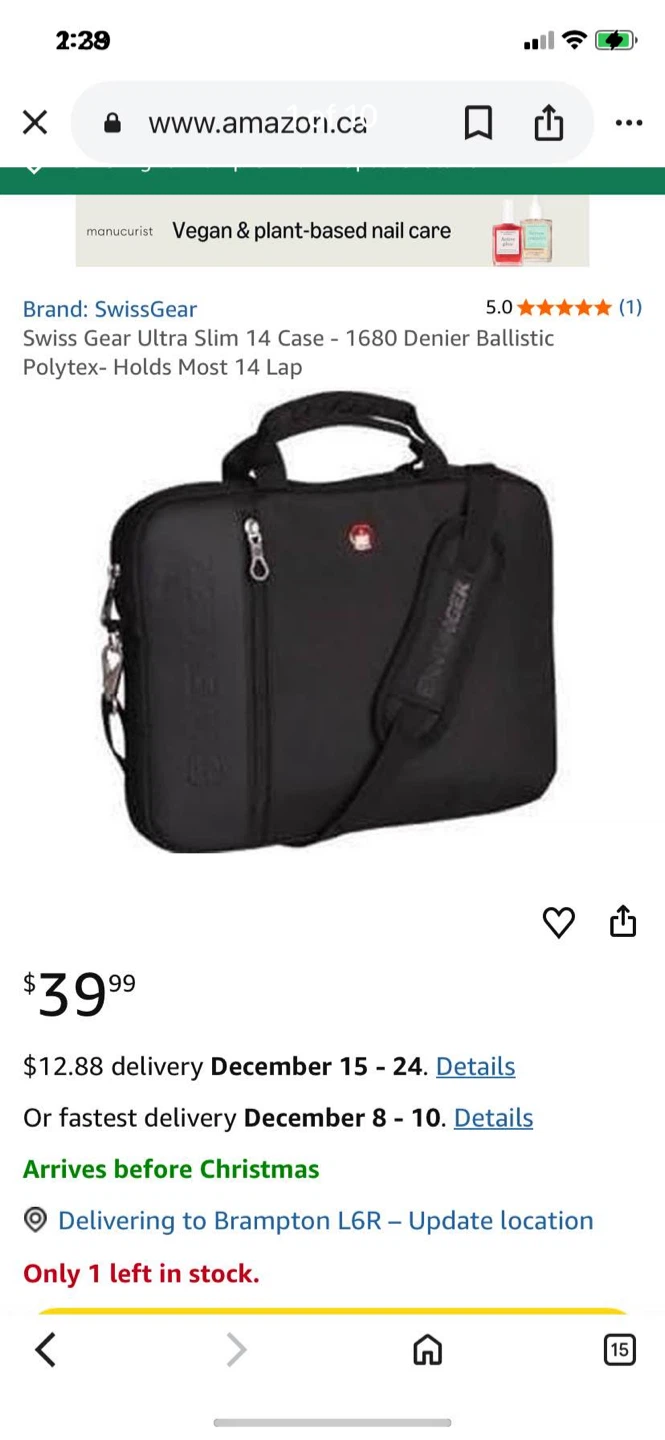 New Swiss Gear Ultra Slim 14" Laptop Bag