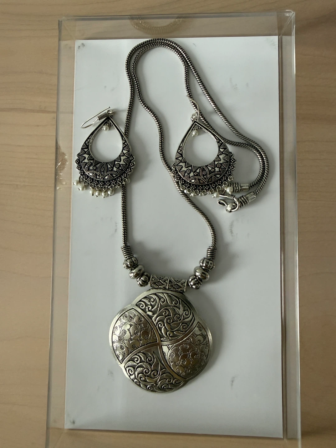 Silver-tone Boho Statement Necklace and Earrings Set