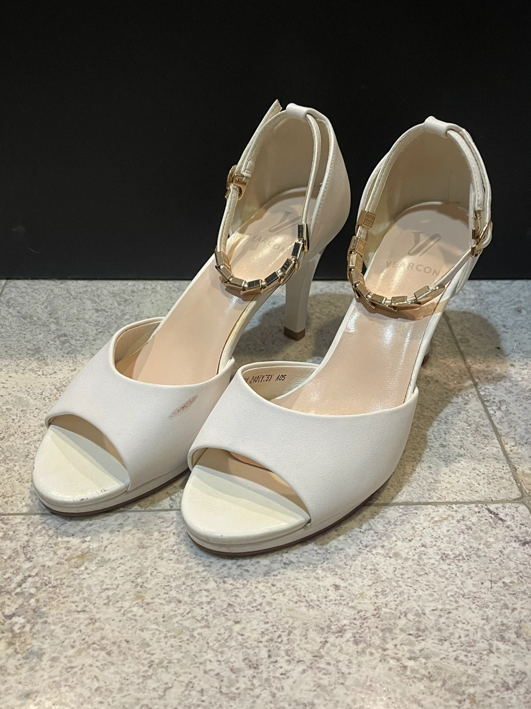White Heels with Gold Chain Detail