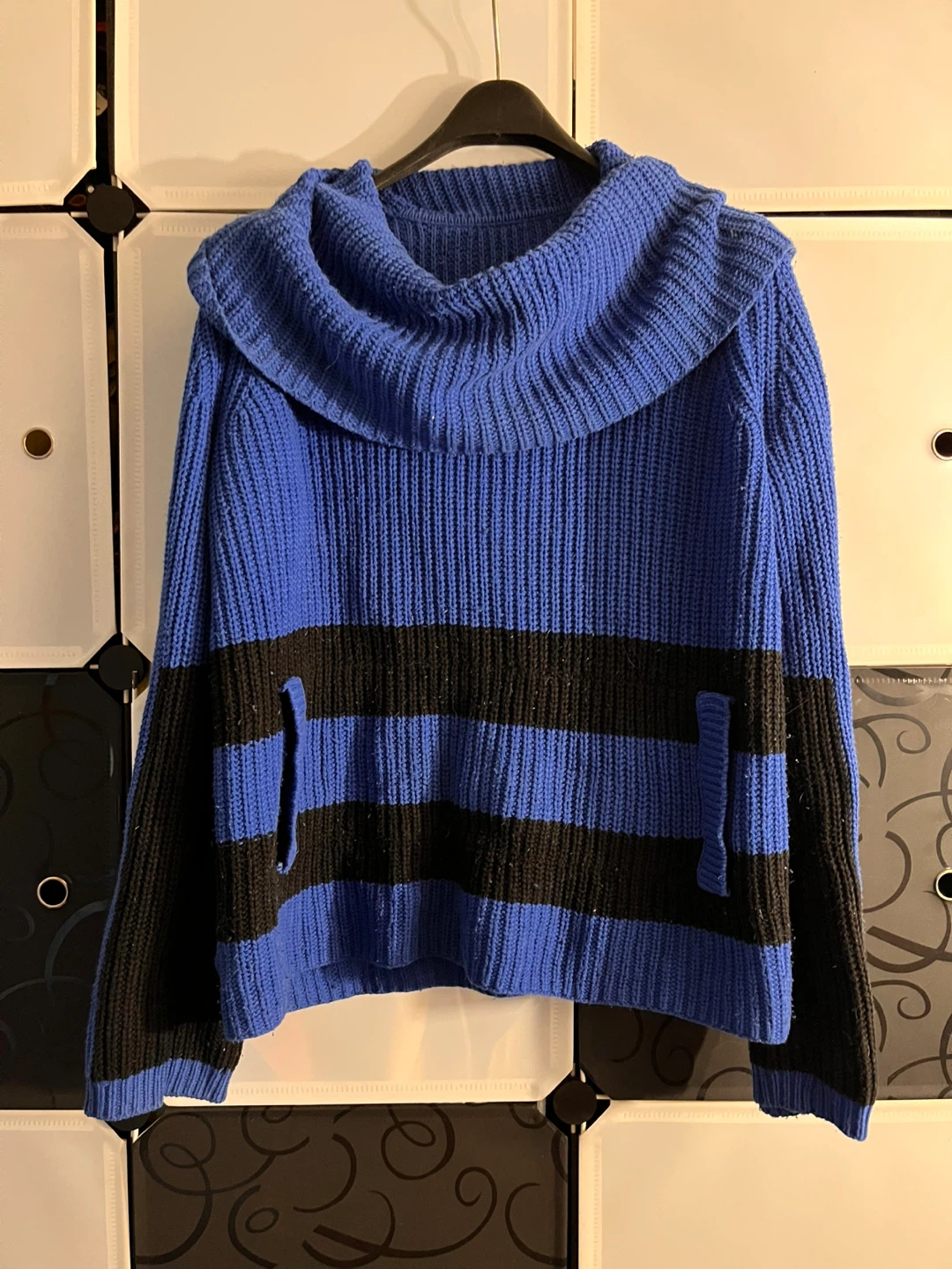 Blue and Black Striped Sweater with Cowl Neck