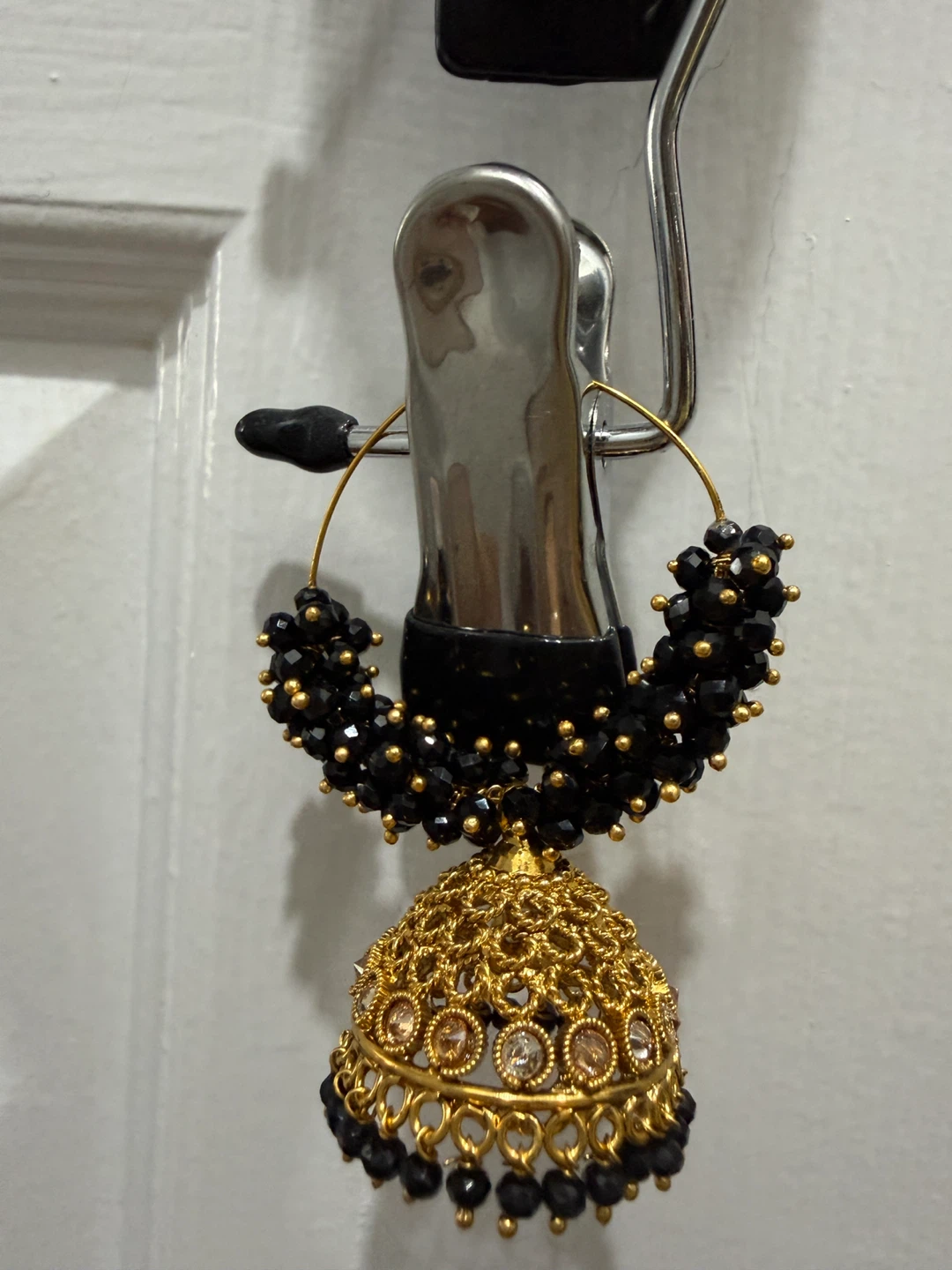 Gold Jhumka Earrings with Black Beads