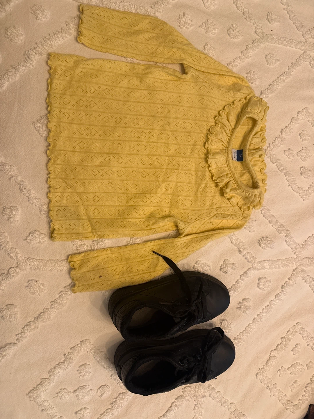 Yellow Long-Sleeve Ruffle Top and Black Sneakers Set
