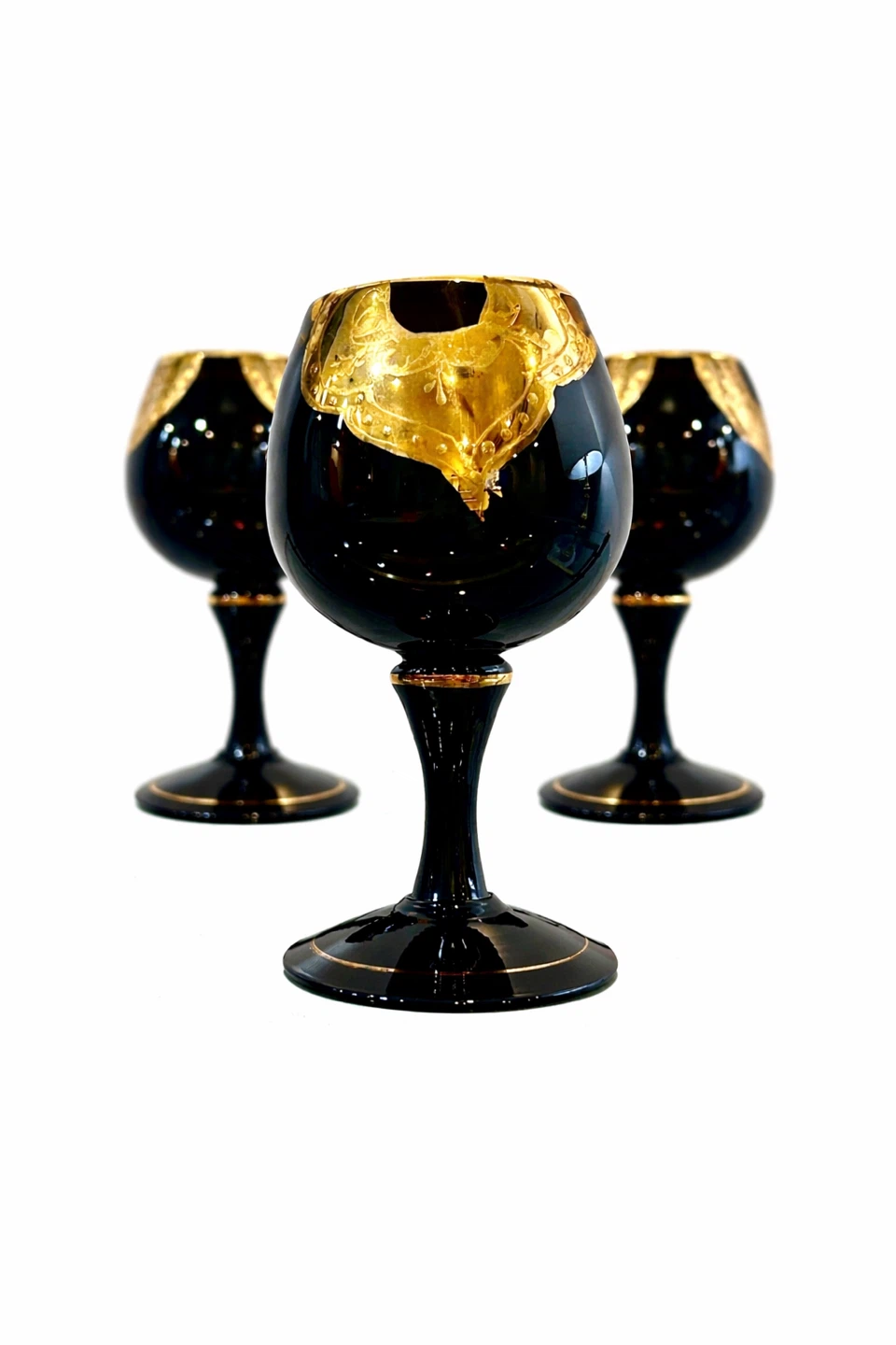 Set of 3 Early 20th C Black Glass Goblets w Raised Gilt - photo 3