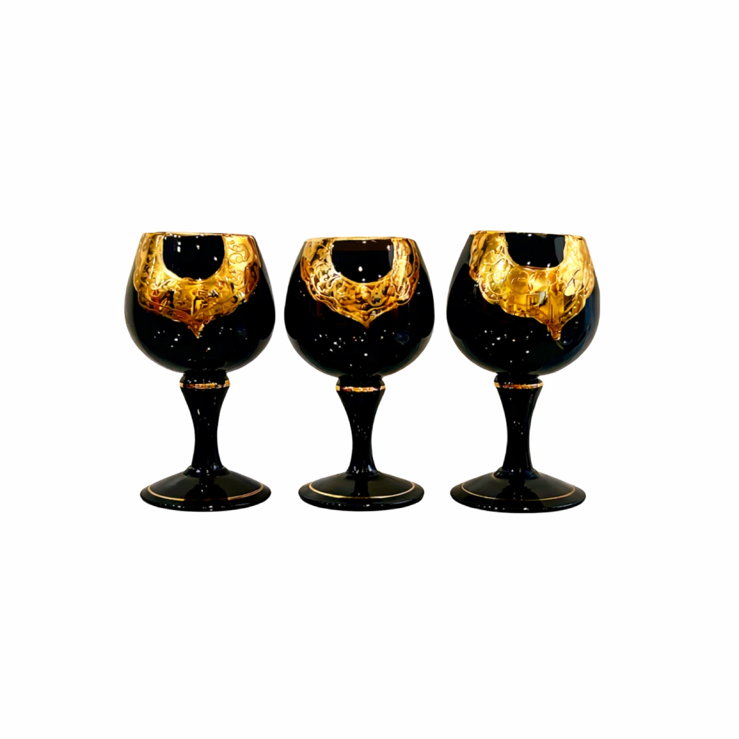 Set of 3 Early 20th C Black Glass Goblets w Raised Gilt
