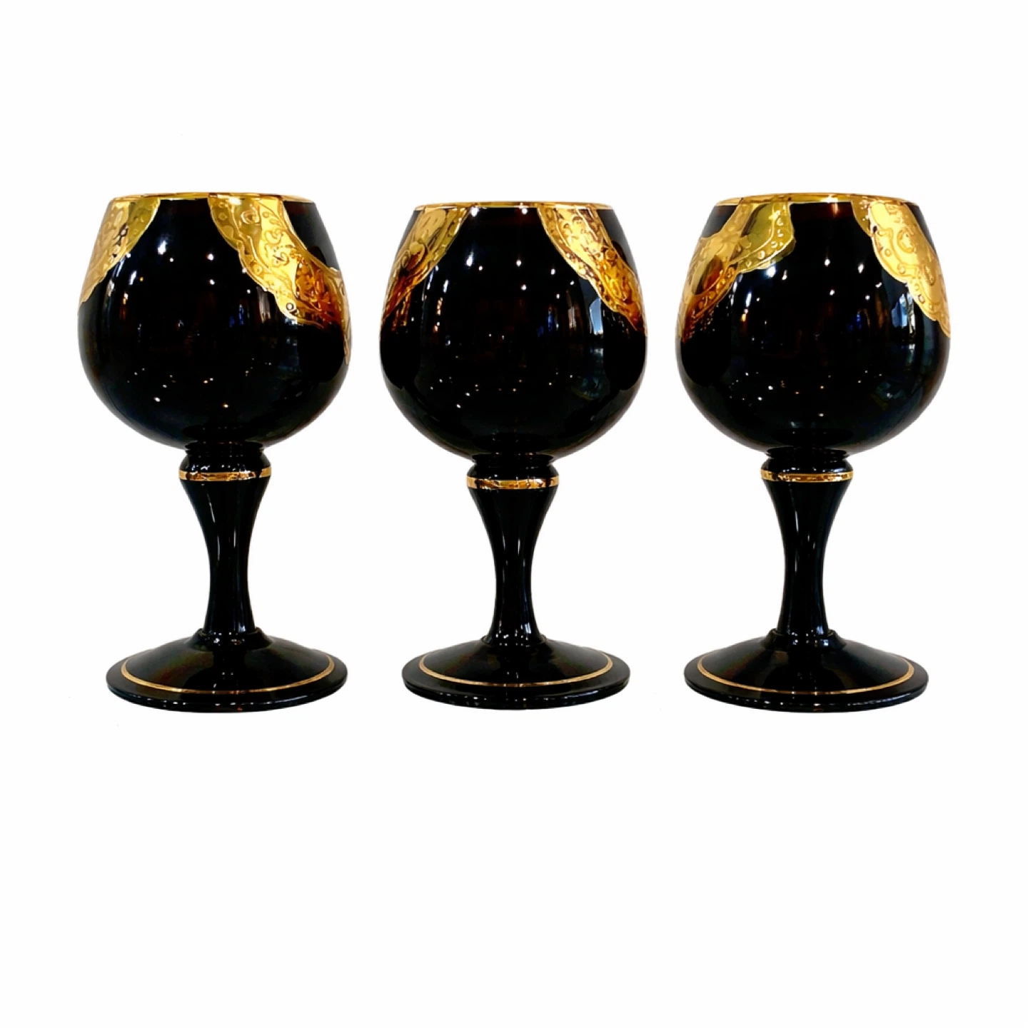 Set of 3 Early 20th C Black Glass Goblets w Raised Gilt - photo 2