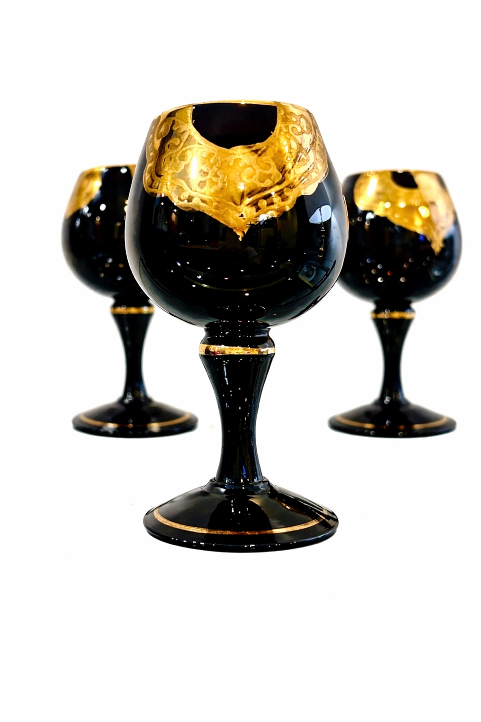 Set of 3 Early 20th C Black Glass Goblets w Raised Gilt - photo 4