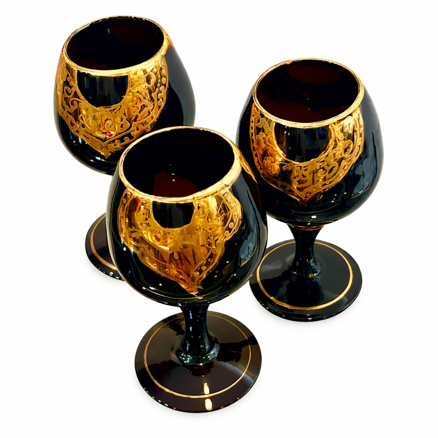 Set of 3 Early 20th C Black Glass Goblets w Raised Gilt - photo 5