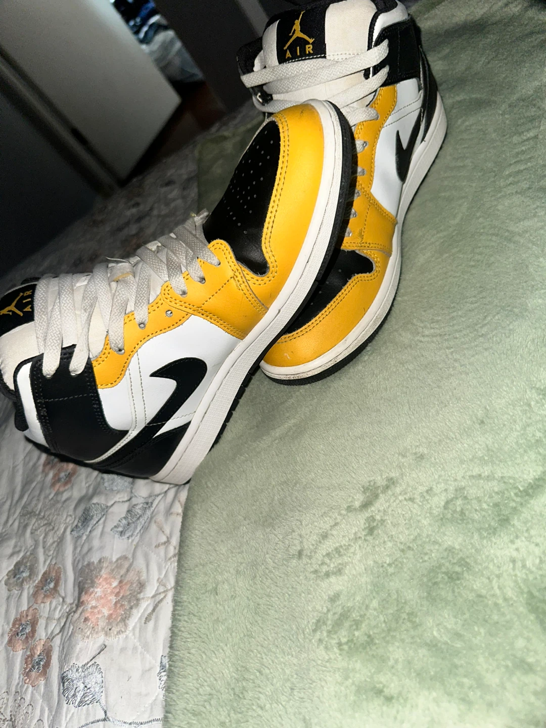 Air Jordan 1 Mid Yellow Black White High Top Sneakers - photo 2