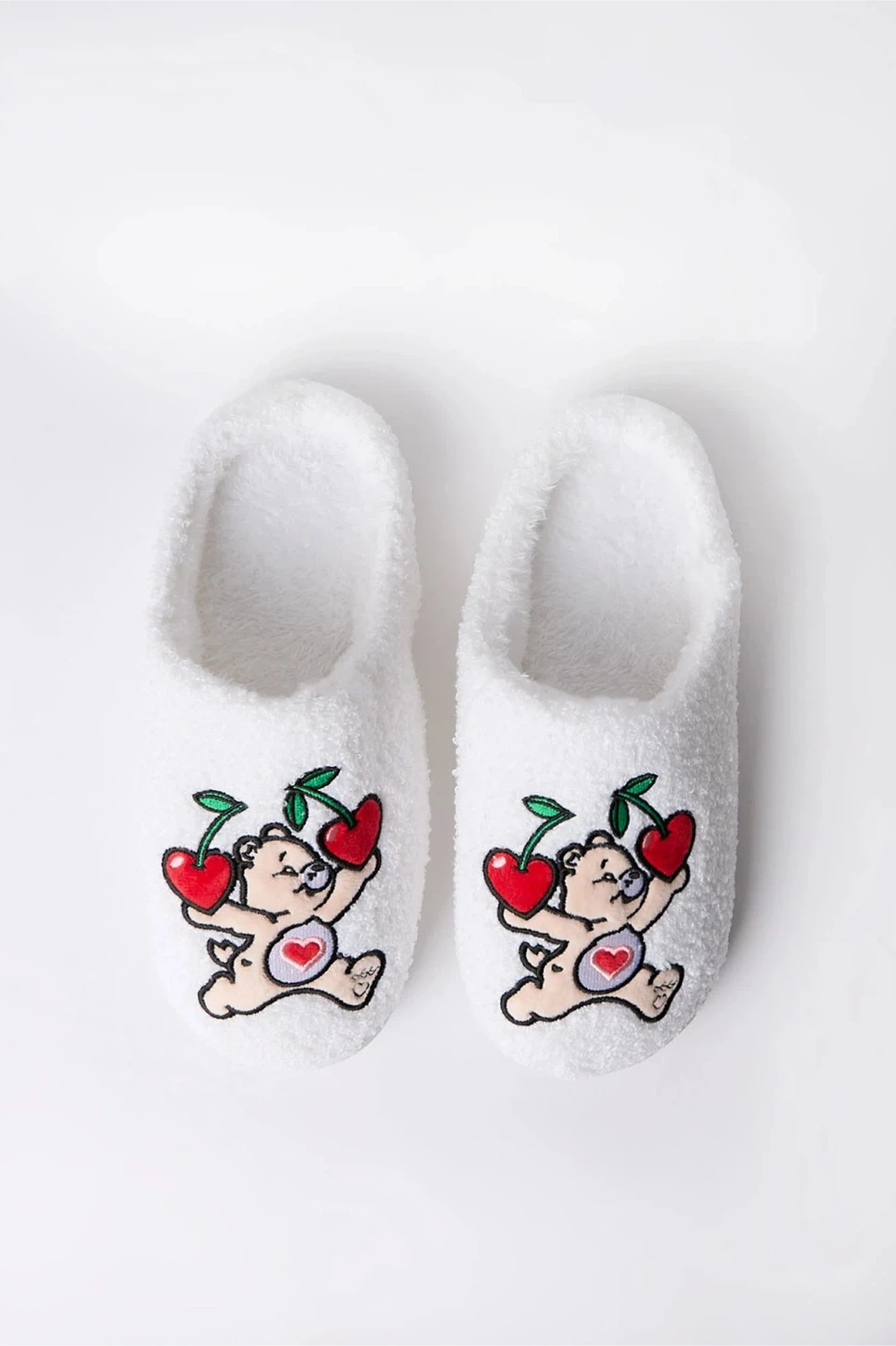 White fuzzy carebear and cherries slippers