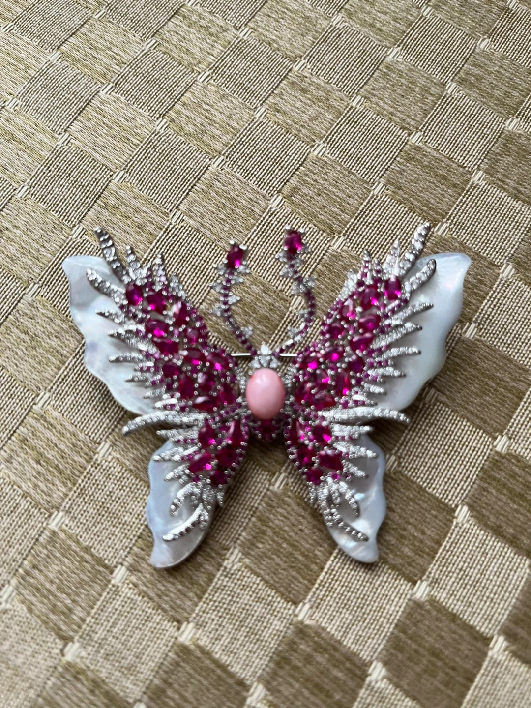 Butterfly Brooch with Pink Gemstones and Pearls