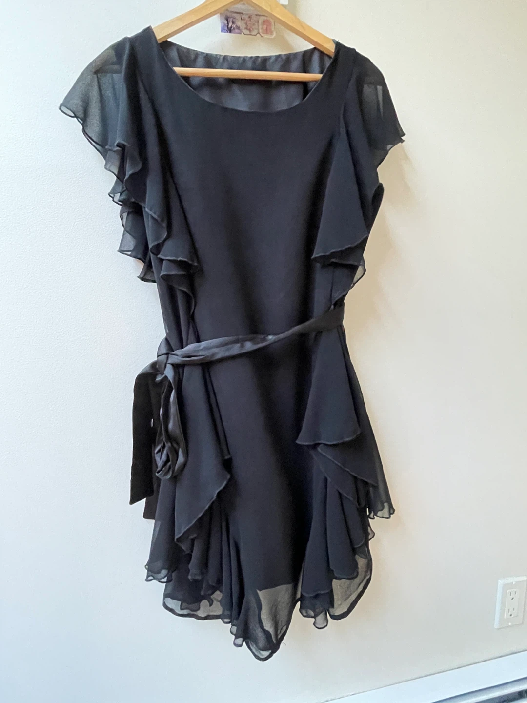 Black Chiffon Ruffle Dress with Belt