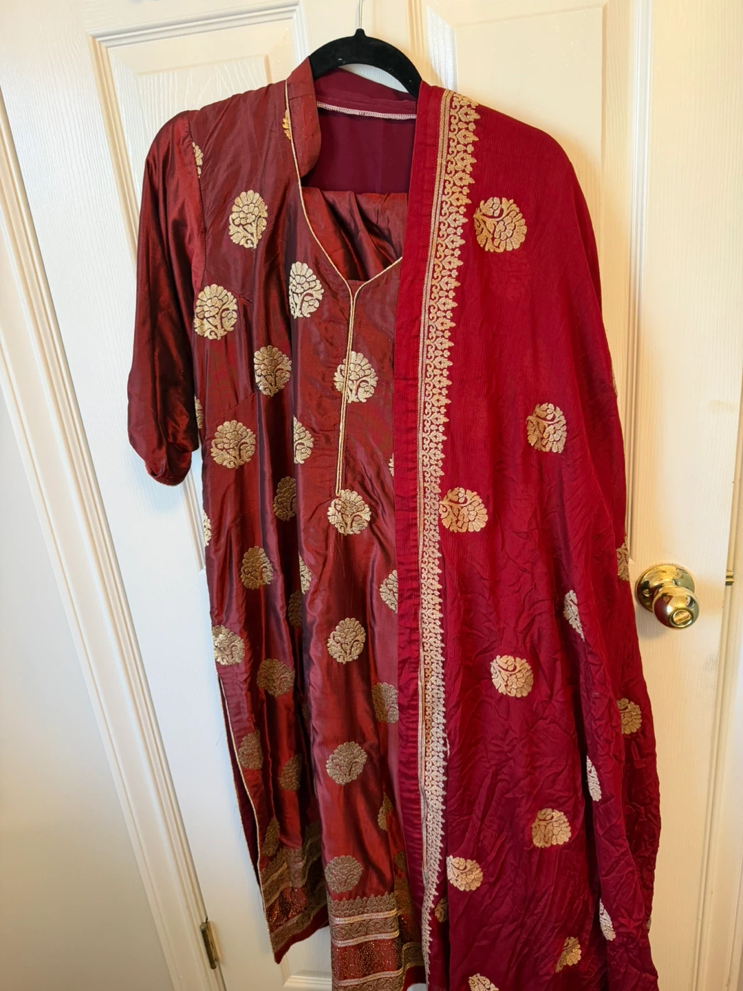 Women's Maroon Silk Suit with Gold Embroidery