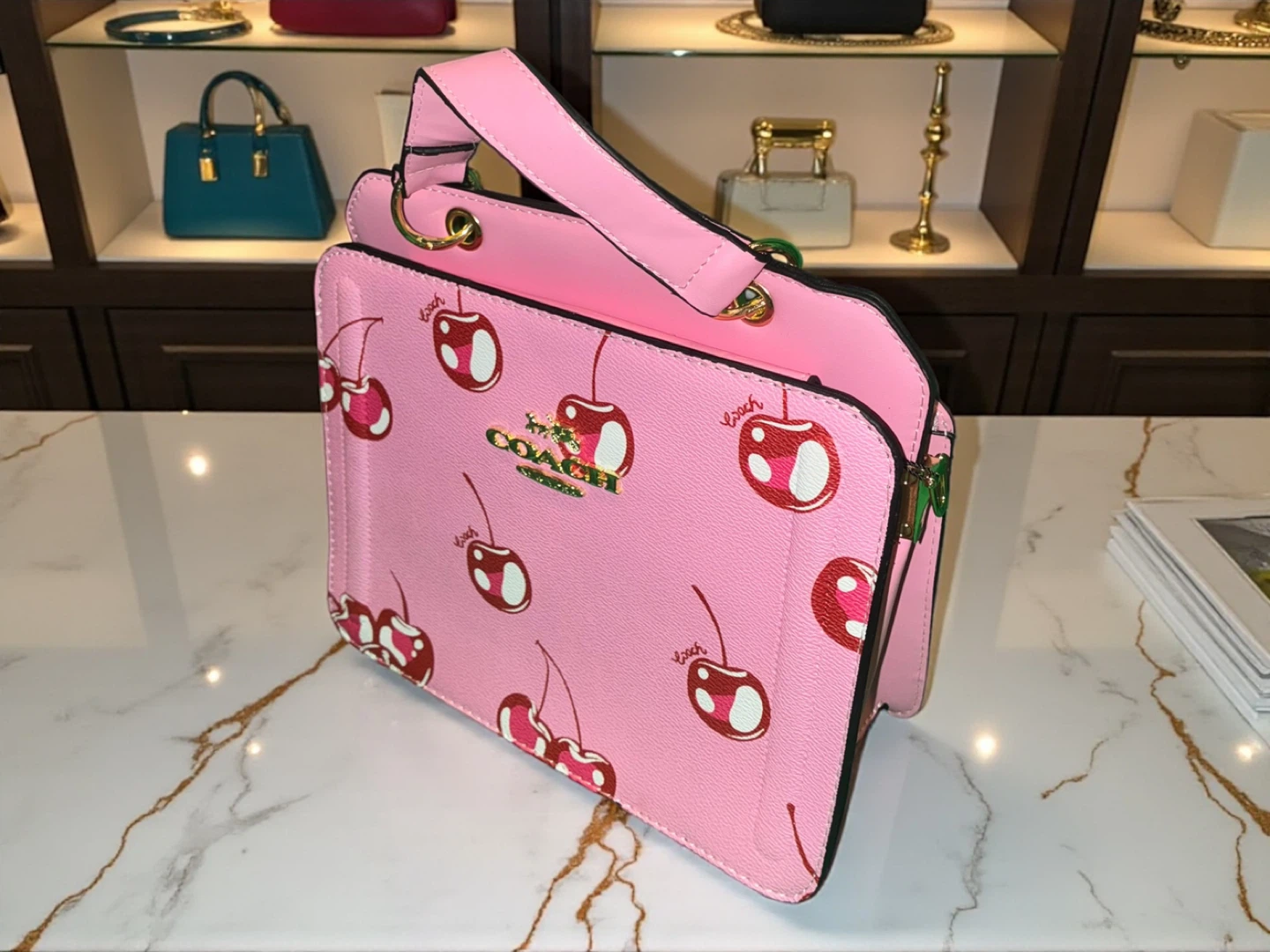Coach Pink Cherry Print Small Shoulder Bag with Matching Pouch