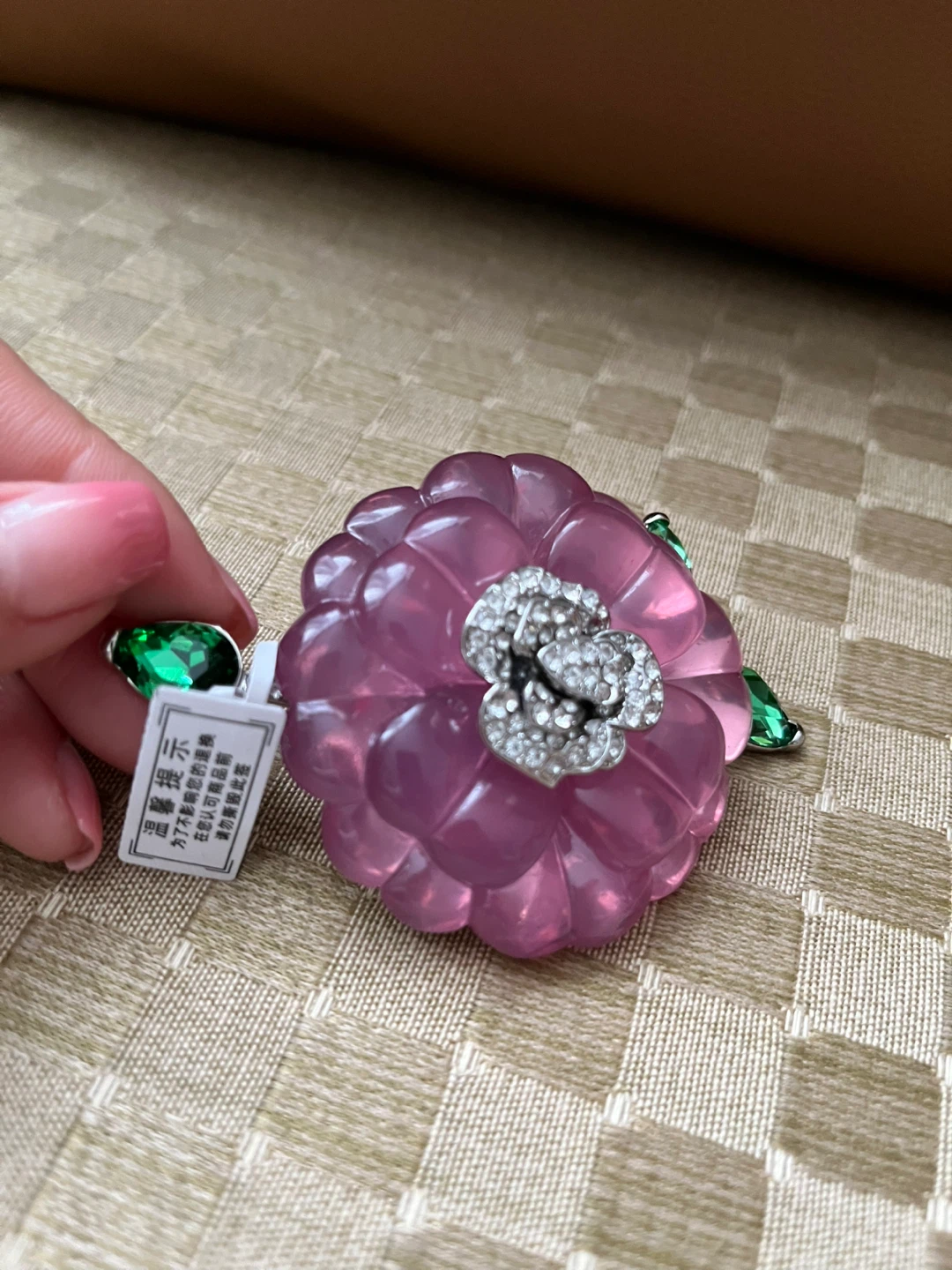 Pink Flower Brooch with Green Gems and Rhinestones - photo 2