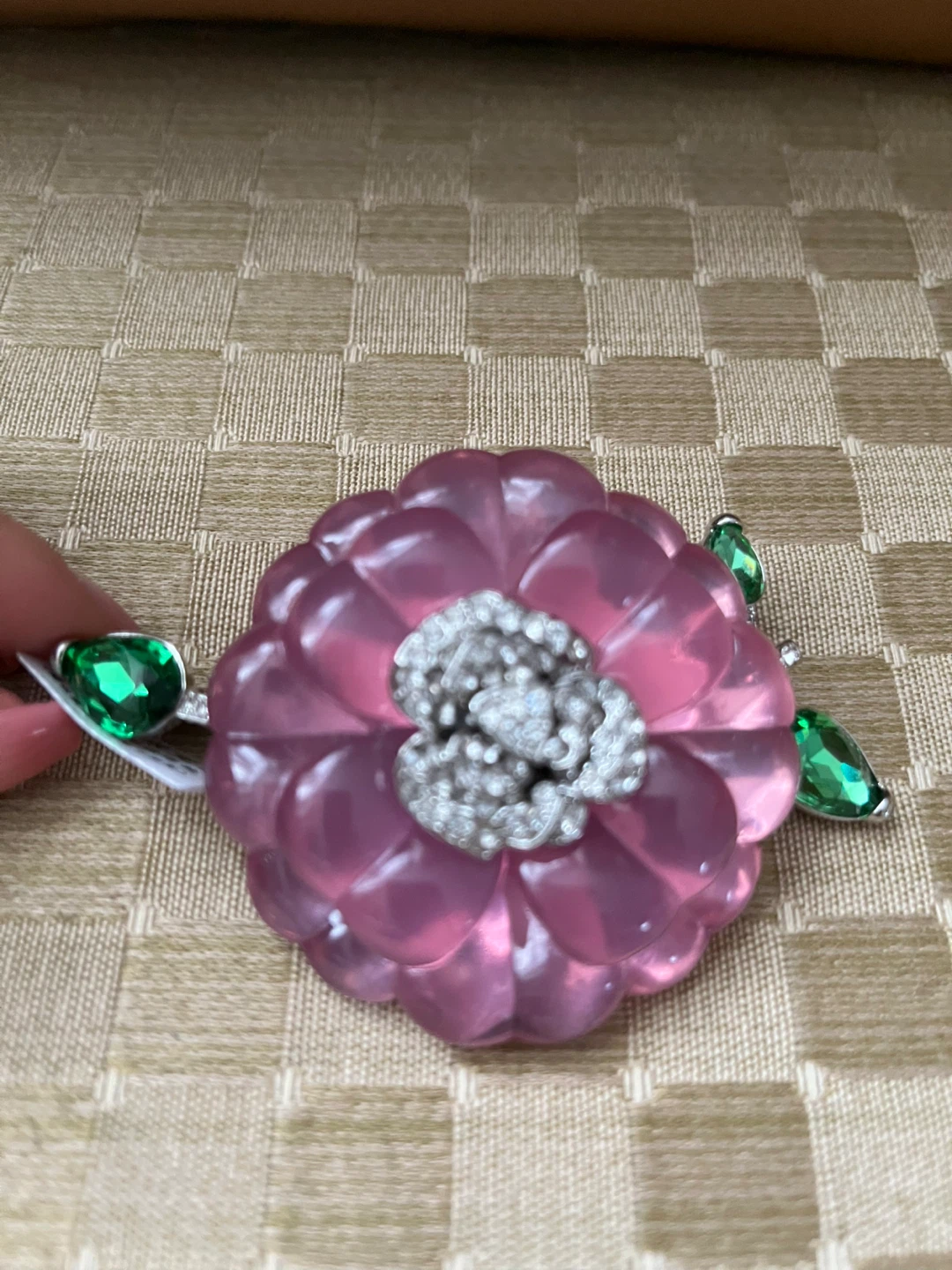 Pink Flower Brooch with Green Gems and Rhinestones