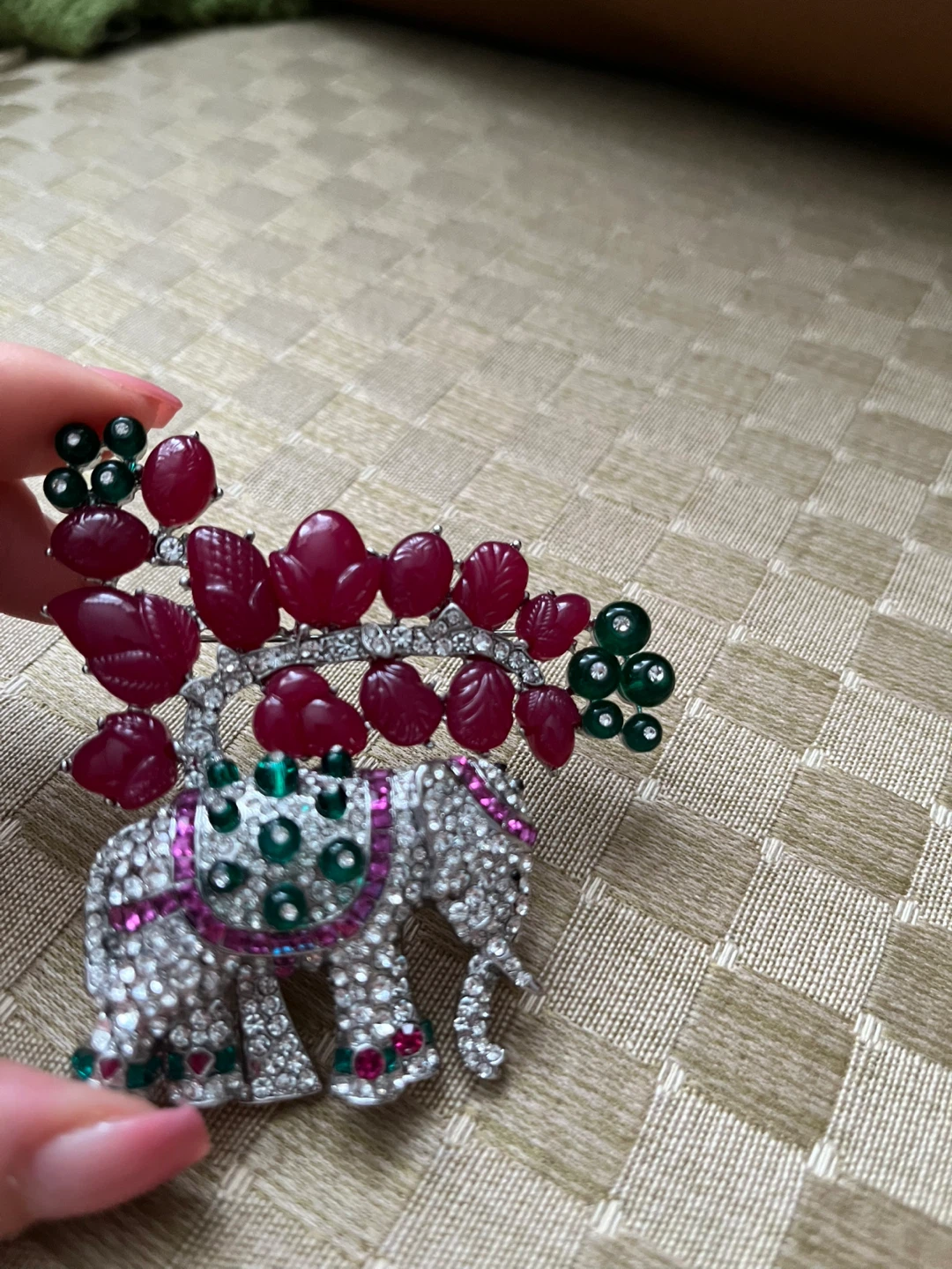 Elephant brooch with red and green stones