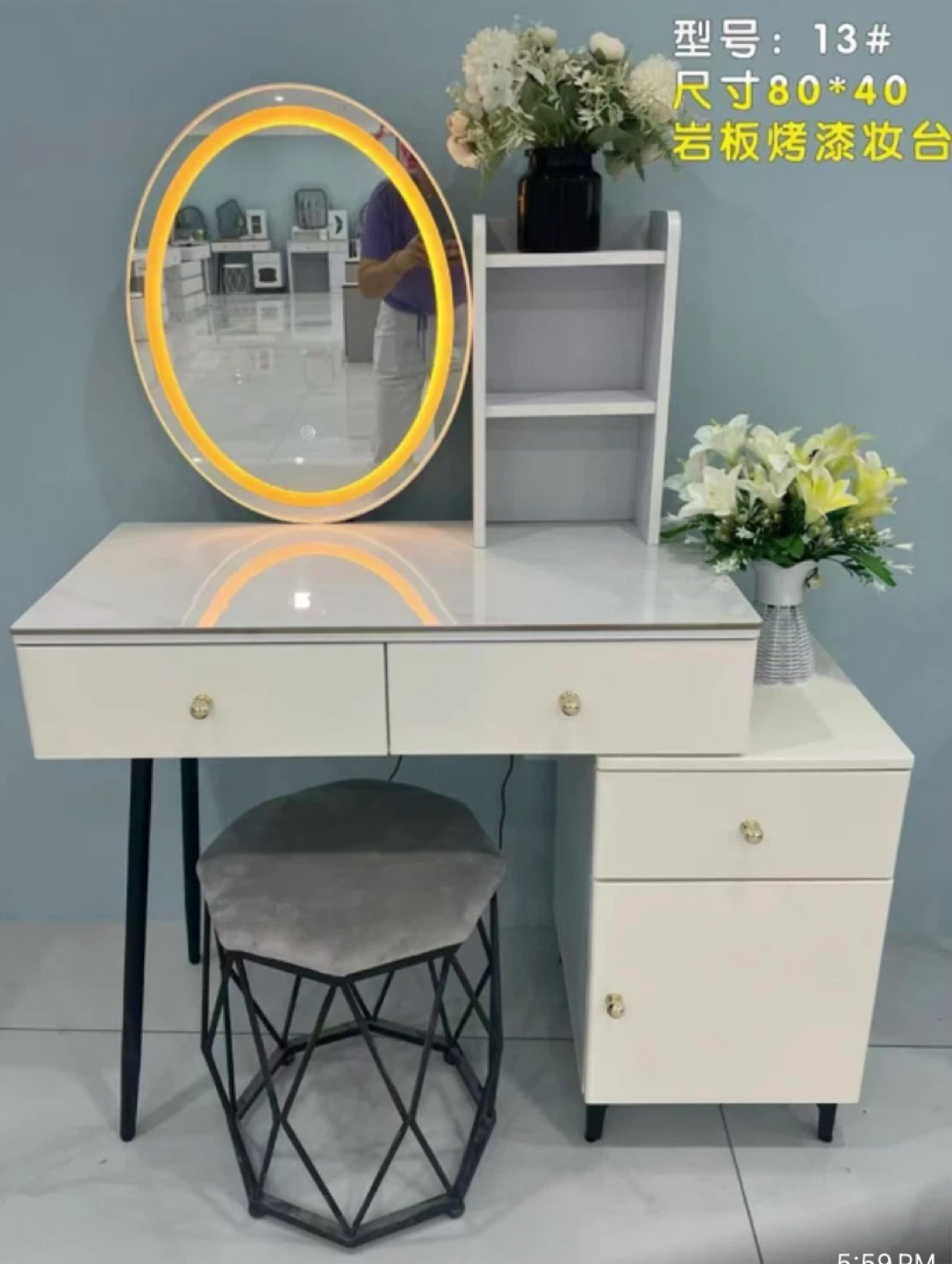 White Vanity Desk with Lighted Mirror and Stool