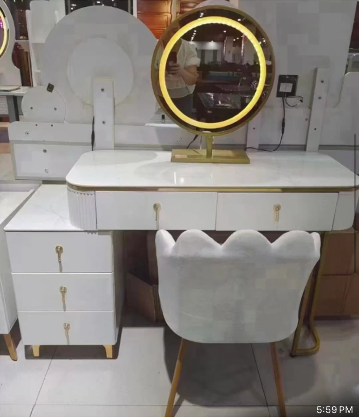 White Vanity Desk with Lighted Mirror and Stool