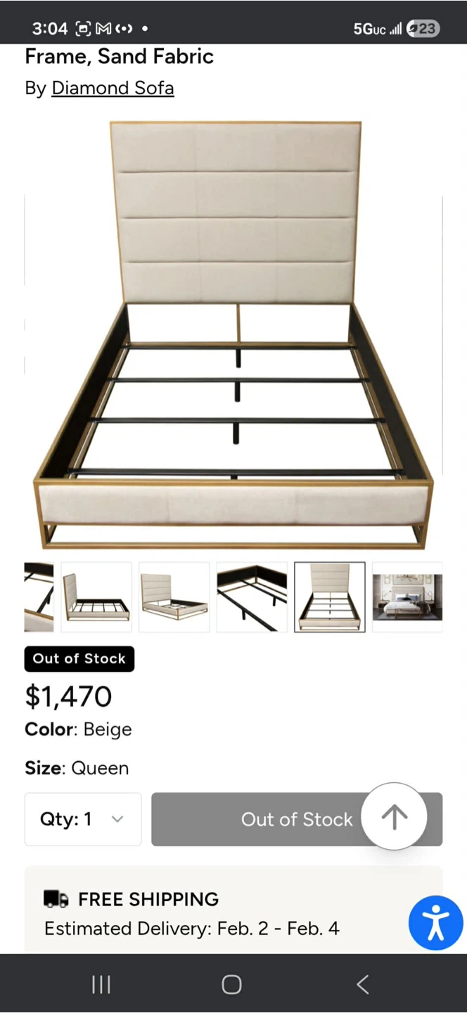 New!Diamond Sofa Empire Queen Bed Frame - Sand Fabric - photo 2