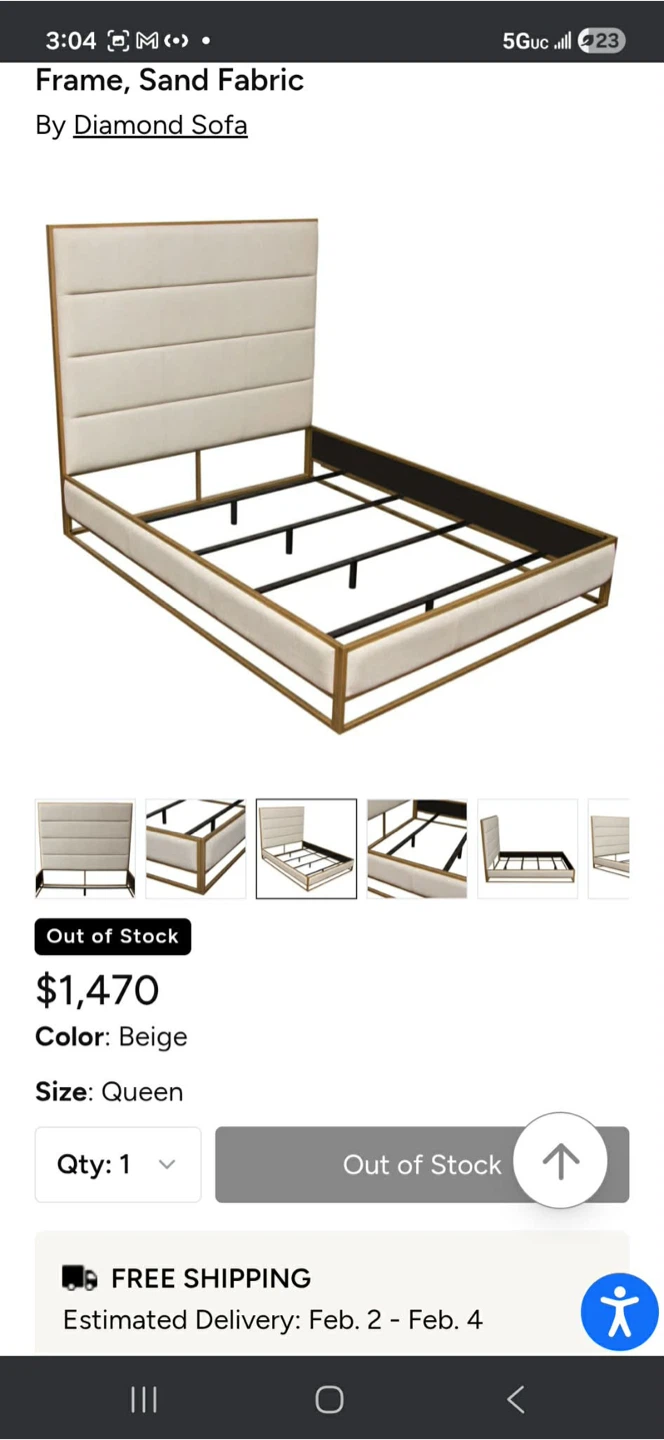 New!Diamond Sofa Empire Queen Bed Frame - Sand Fabric
