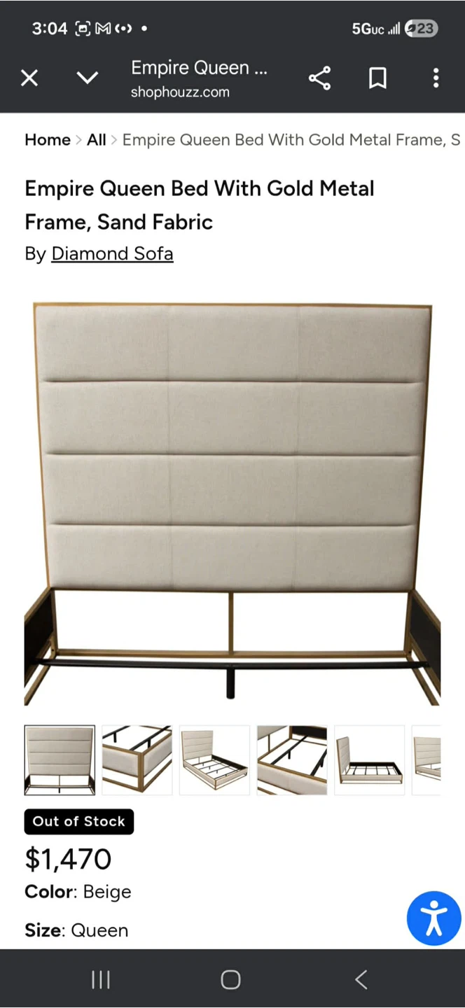 New!Diamond Sofa Empire Queen Bed Frame - Sand Fabric - photo 5