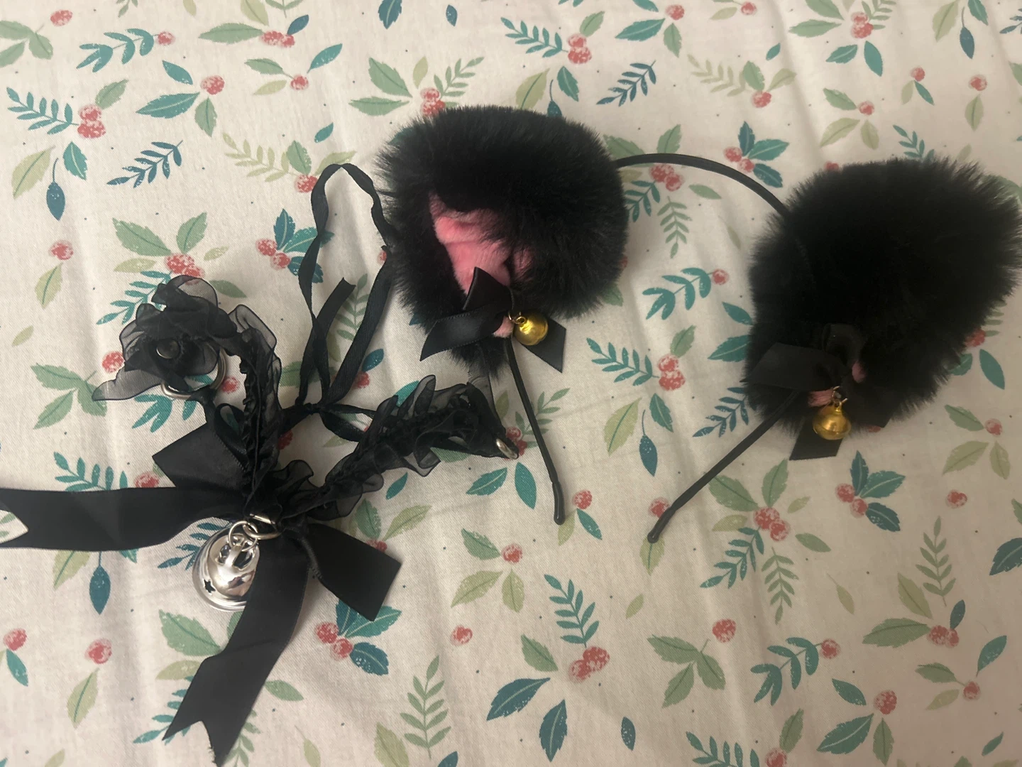 Black Fuzzy Cat Ear Headband with Bells and Ribbons