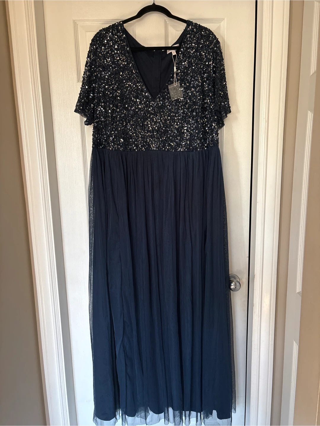 Adrianna Papell Sequin Tulle Evening Gown Navy Blue