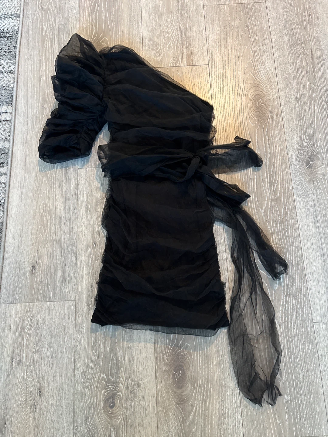 Black Tulle Ruched One-Shoulder Dress